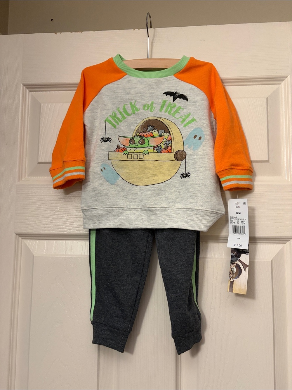 Baby Yoda Halloween Sweatshirt & Jogger Set - Orange, Gray, Green 12mo